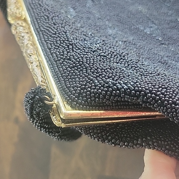 Vintage Black Beaded Handbag With Gold Metal Clasp 40s/50s Glamour Cocktail - Picture 2 of 9